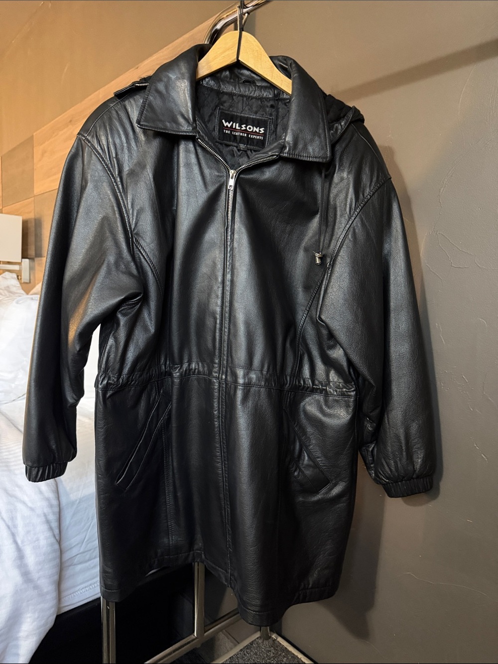 Vtg WILSON Black Genuine Leather Hooded Jacket Coat Cinch Waist Pockets Sz L